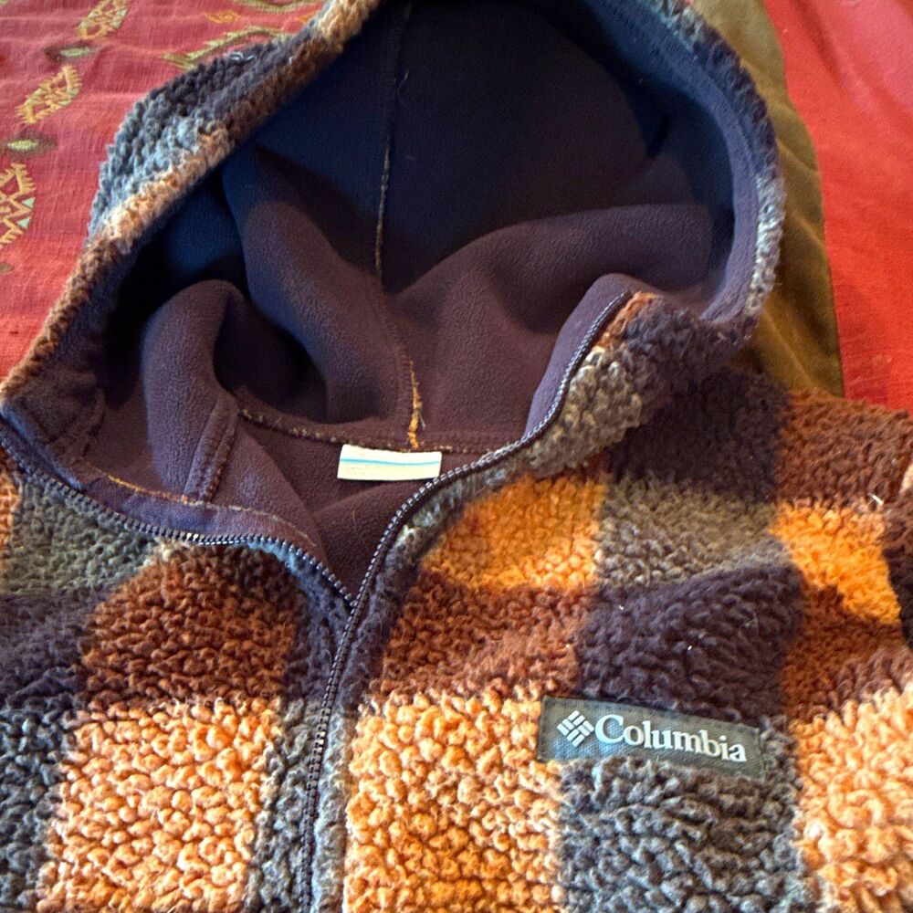 Columbia Winter Pass Plaid Sherpa Fleece Hooded Jacket Womens XL Brown Check